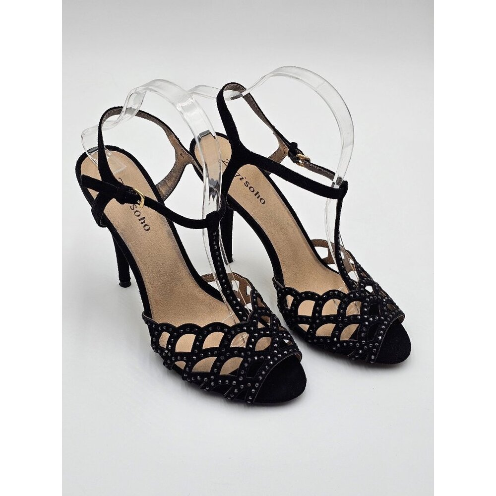 Zigisoho Womens Black Rhinestone T-Strap Heels Sz 8.5 Prom Wedding Eveningwear